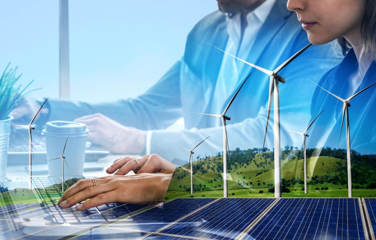 Double,Exposure,Graphic,Of,Business,People,Working,Over,Wind,Turbine